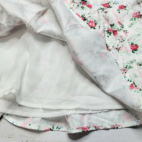 Lulus Cute Factor White Floral Puff Sleeve Crop Top Tiered Mini Skirt Set Large - Picture 12 of 13